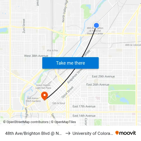 48th Ave/Brighton Blvd @ Nat`L Western Ctr to University of Colorado - Denver map