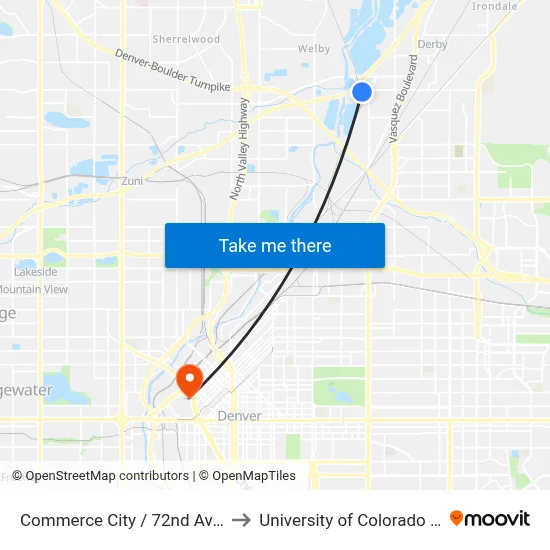 Commerce City / 72nd Ave Station to University of Colorado - Denver map