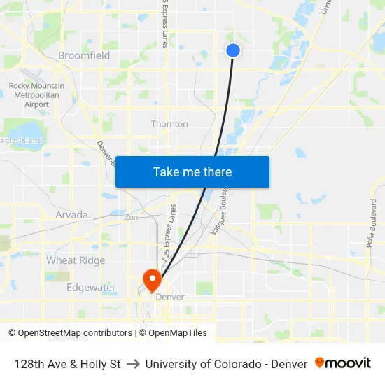 128th Ave & Holly St to University of Colorado - Denver map