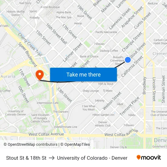 Stout St & 18th St to University of Colorado - Denver map