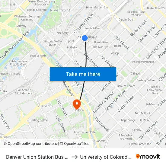 Denver Union Station Bus Concourse to University of Colorado - Denver map