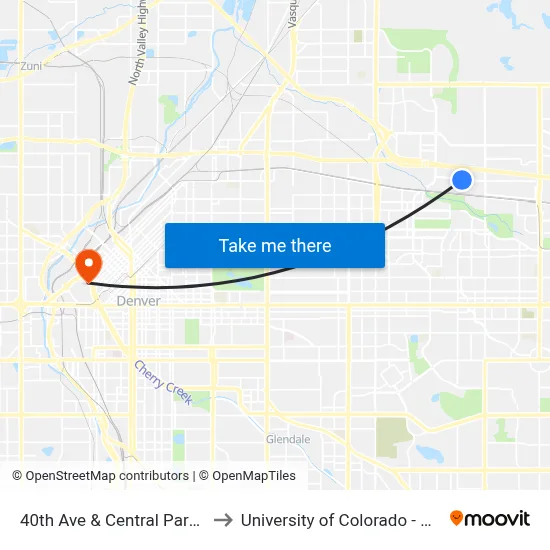 40th Ave & Central Park Blvd to University of Colorado - Denver map