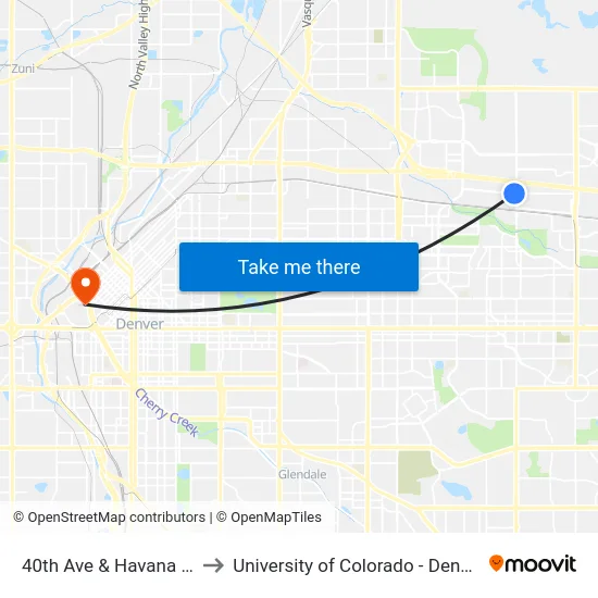 40th Ave & Havana St to University of Colorado - Denver map