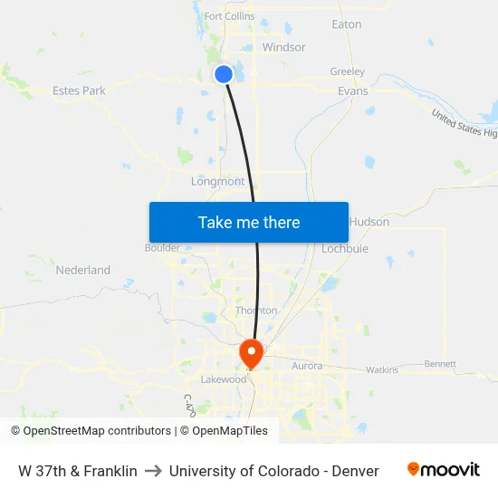 W 37th & Franklin to University of Colorado - Denver map