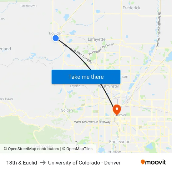 18th & Euclid to University of Colorado - Denver map