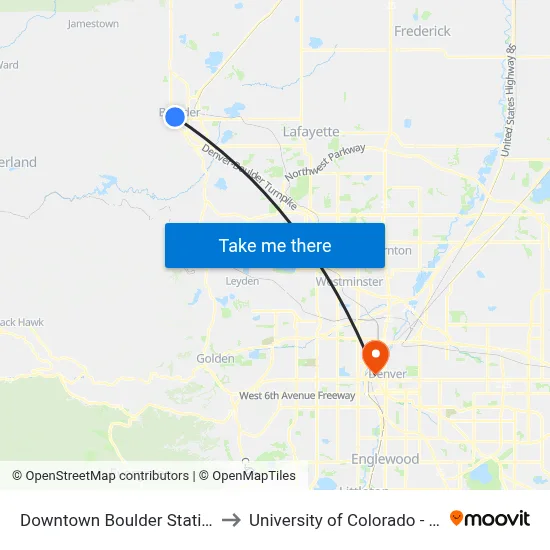 Downtown Boulder Station (Ar) to University of Colorado - Denver map