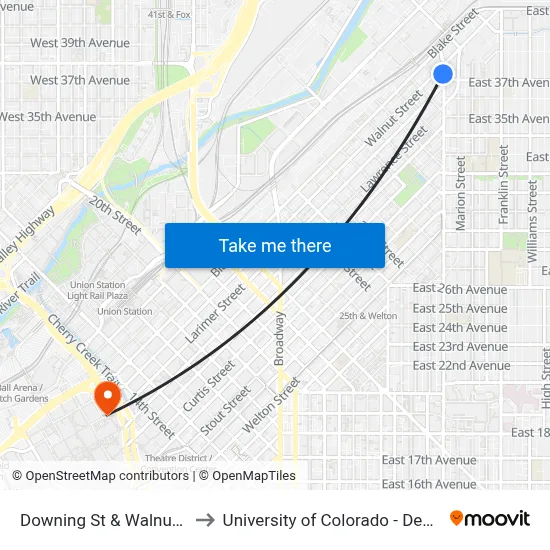 Downing St & Walnut St to University of Colorado - Denver map