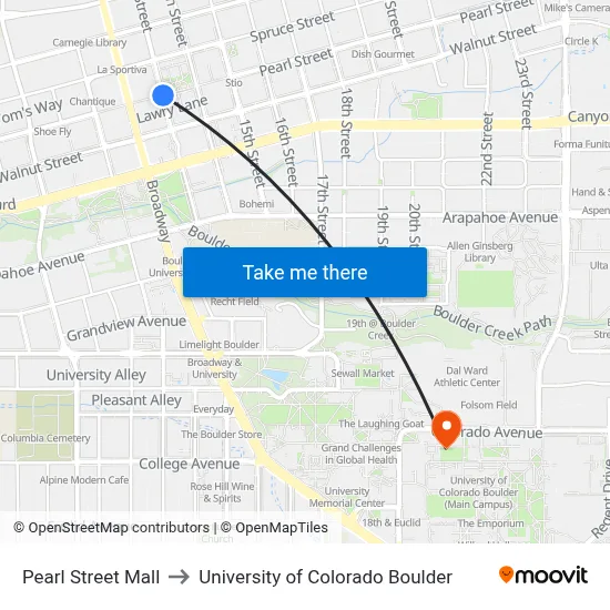 Pearl Street Mall to University of Colorado Boulder map