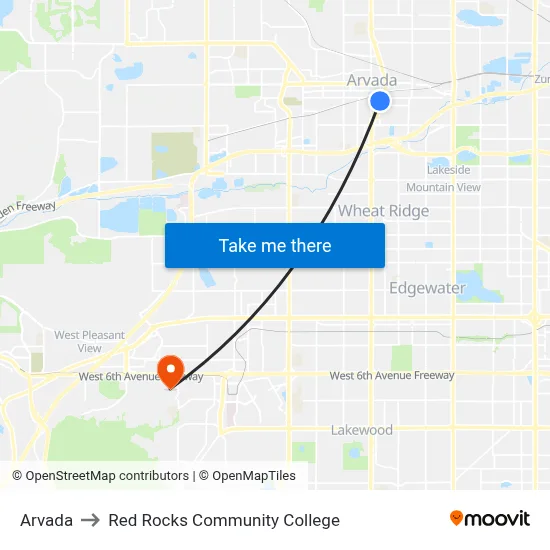Arvada to Red Rocks Community College map