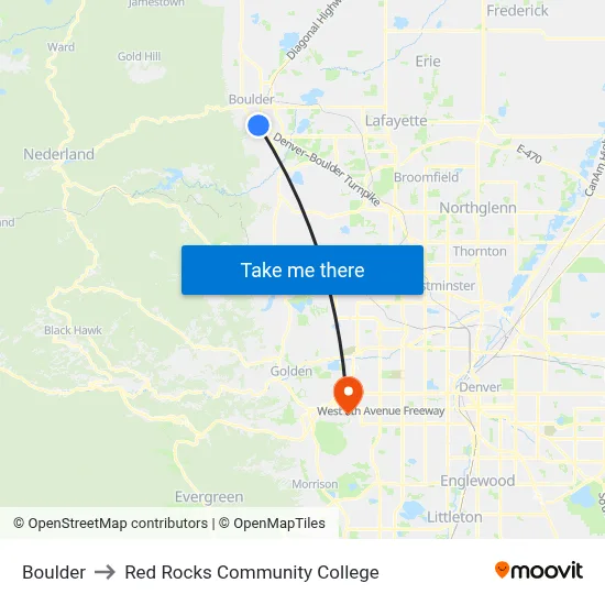Boulder to Red Rocks Community College map