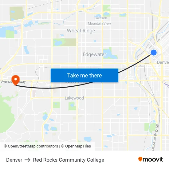 Denver to Red Rocks Community College map
