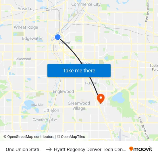 One Union Station to Hyatt Regency Denver Tech Center map