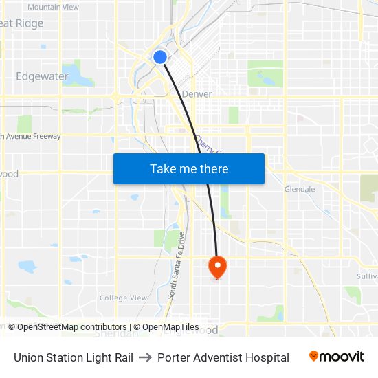 Union Station Light Rail to Porter Adventist Hospital map
