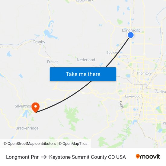 Longmont Pnr to Keystone Summit County CO USA map