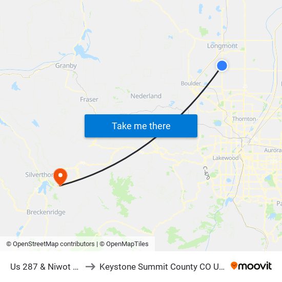 Us 287 & Niwot Rd to Keystone Summit County CO USA map