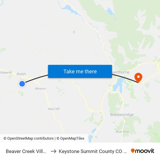 Beaver Creek Village to Keystone Summit County CO USA map