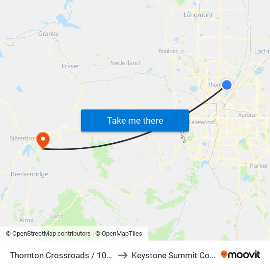 Thornton Crossroads / 104th Ave Station to Keystone Summit County CO USA map