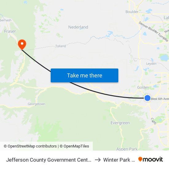 Jefferson County Government Center-Golden Station to Winter Park CO USA map