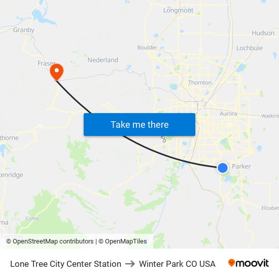 Lone Tree City Center Station to Winter Park CO USA map