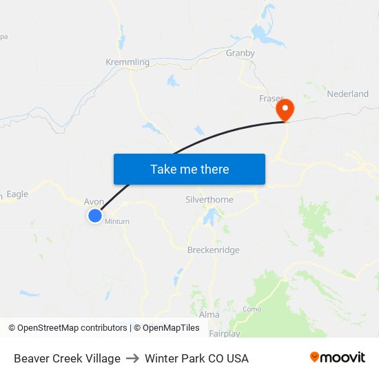 Beaver Creek Village to Winter Park CO USA map