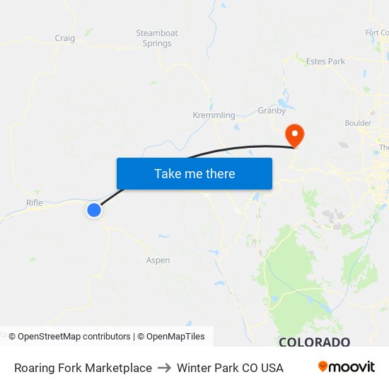 Roaring Fork Marketplace to Winter Park CO USA map