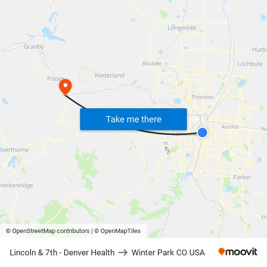 Lincoln & 7th - Denver Health to Winter Park CO USA map