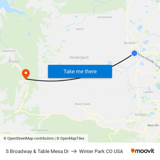 S Broadway & Table Mesa Dr to Winter Park CO USA map