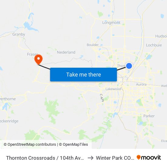 Thornton Crossroads / 104th Ave Station to Winter Park CO USA map