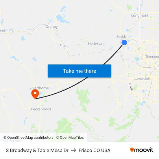 S Broadway & Table Mesa Dr to Frisco CO USA map