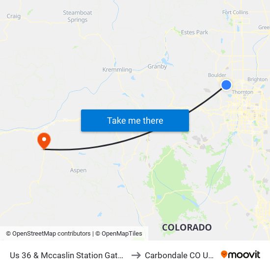 Us 36 & Mccaslin Station Gate B to Carbondale CO USA map
