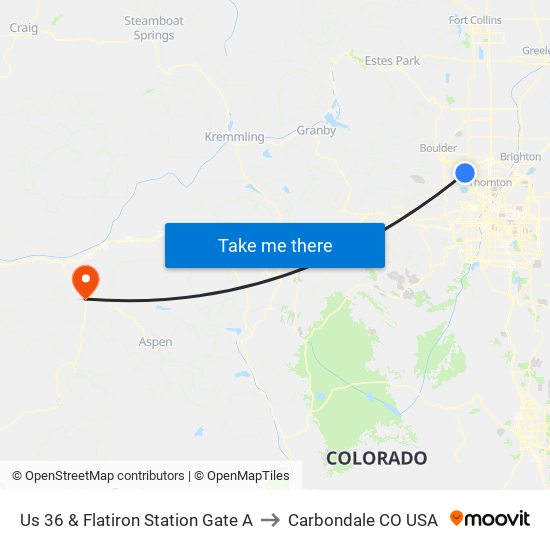 Us 36 & Flatiron Station Gate A to Carbondale CO USA map