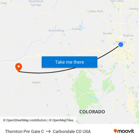 Thornton Pnr Gate C to Carbondale CO USA map