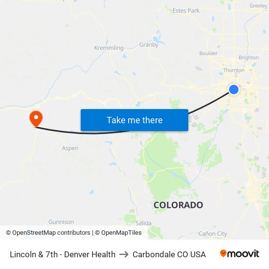 Lincoln & 7th - Denver Health to Carbondale CO USA map