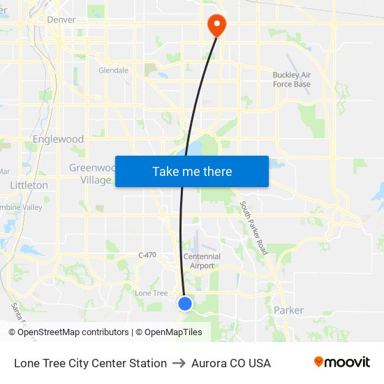 Lone Tree City Center Station to Aurora CO USA map