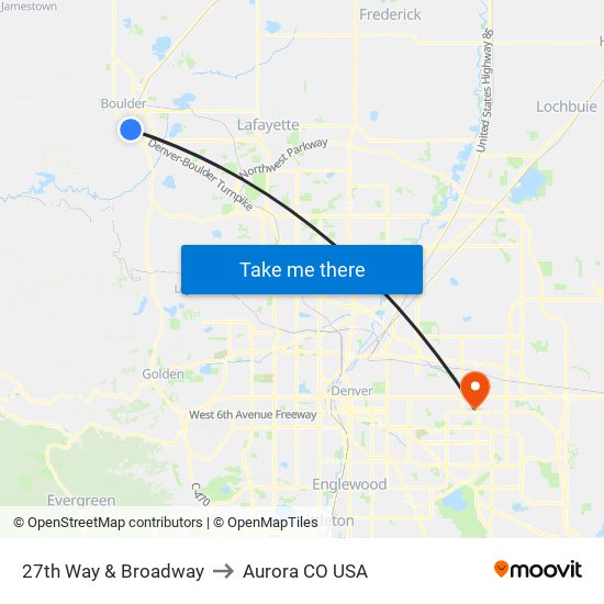 27th Way & Broadway to Aurora CO USA map