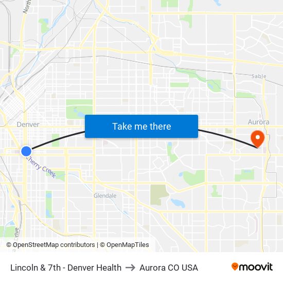 Lincoln & 7th - Denver Health to Aurora CO USA map