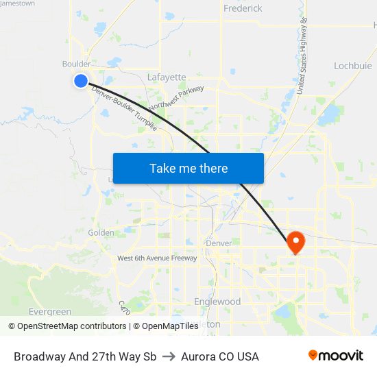 Broadway And 27th Way Sb to Aurora CO USA map