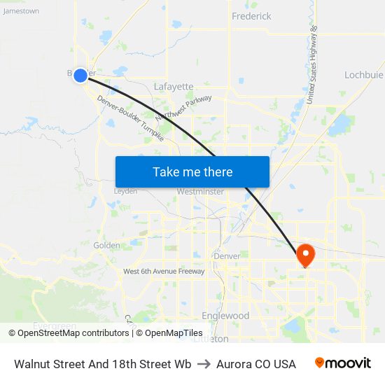 Walnut Street And 18th Street Wb to Aurora CO USA map