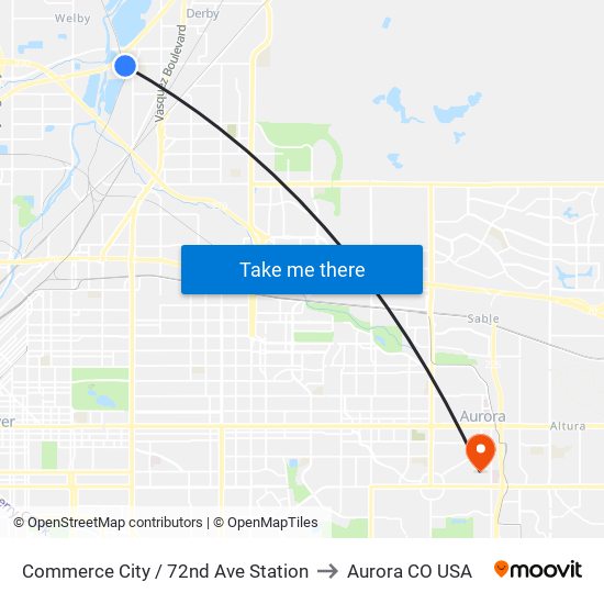 Commerce City / 72nd Ave Station to Aurora CO USA map