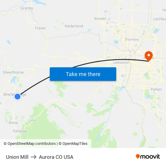 Union Mill to Aurora CO USA map