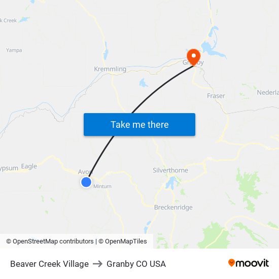 Beaver Creek Village to Granby CO USA map