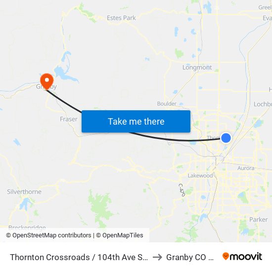 Thornton Crossroads / 104th Ave Station to Granby CO USA map