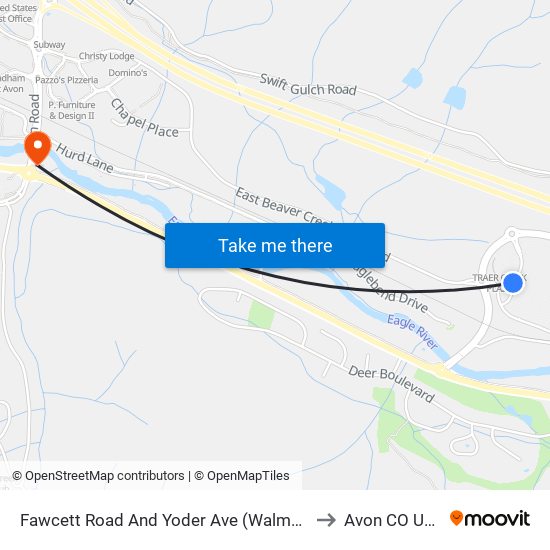 Fawcett Road And Yoder Ave (Walmart) to Avon CO USA map