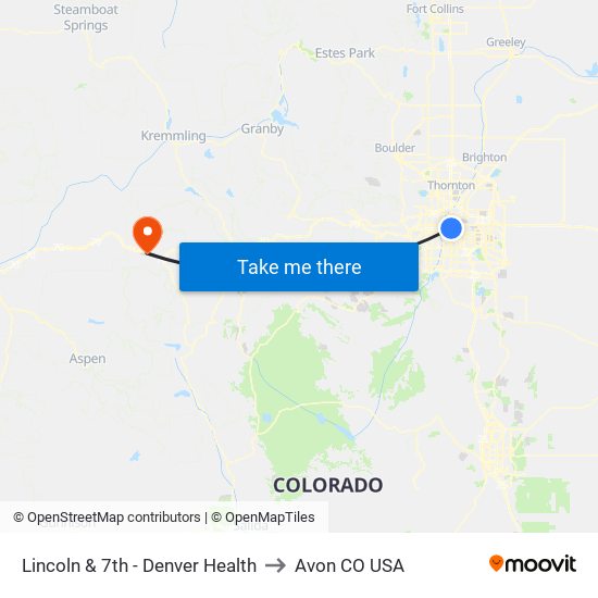 Lincoln & 7th - Denver Health to Avon CO USA map