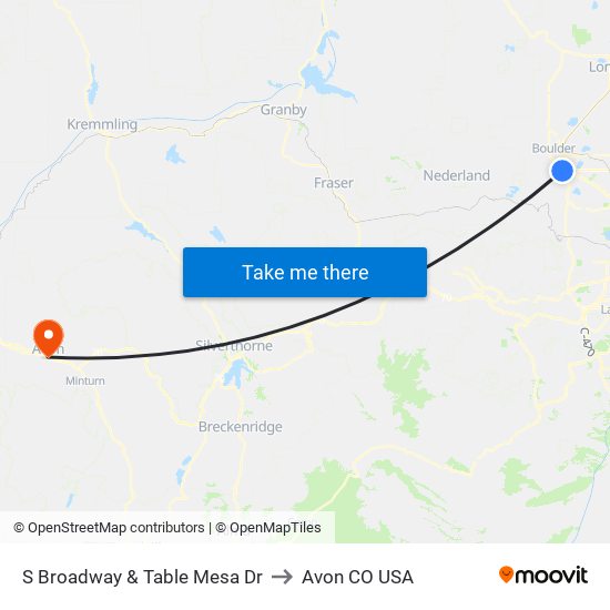 S Broadway & Table Mesa Dr to Avon CO USA map