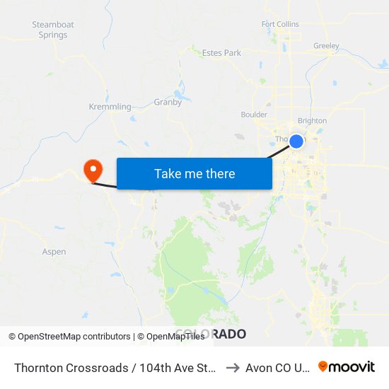 Thornton Crossroads / 104th Ave Station to Avon CO USA map