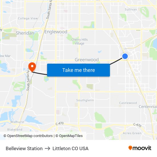 Belleview Station to Littleton CO USA map