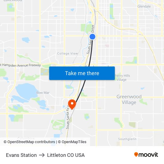 Evans Station to Littleton CO USA map