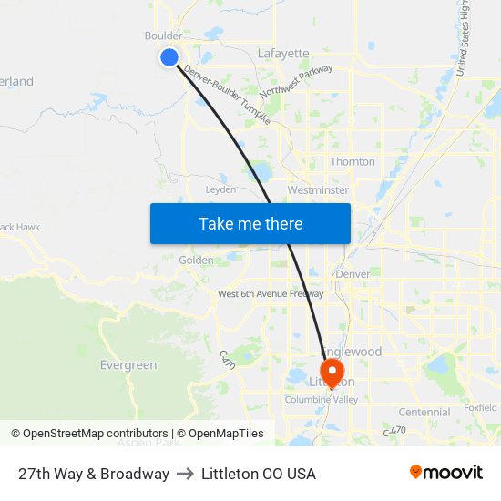 27th Way & Broadway to Littleton CO USA map