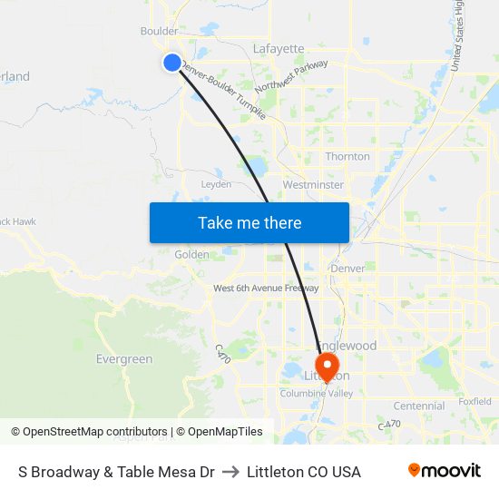 S Broadway & Table Mesa Dr to Littleton CO USA map
